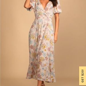 Lulus Pink Floral Print Puff Sleeve Midi Dress XL